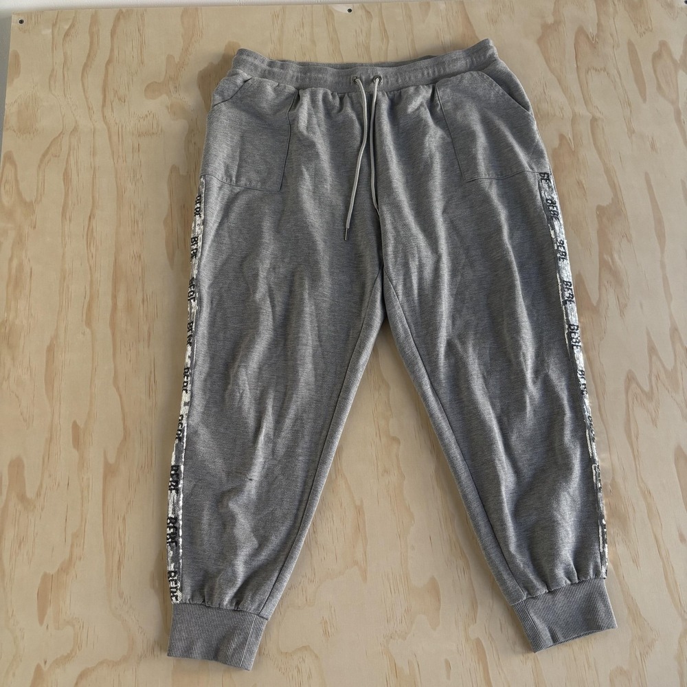 Bebe Sport Jogger Pants Womens 2X‎ Gray Knit Side Stripe Sequin Logo Lounge